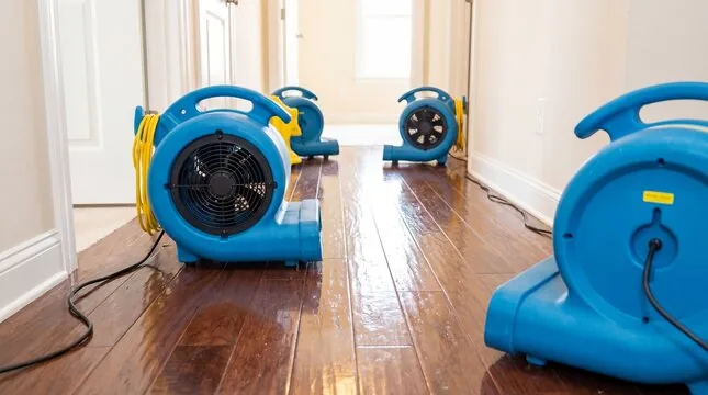Row of air movers drying a wet hallway floor