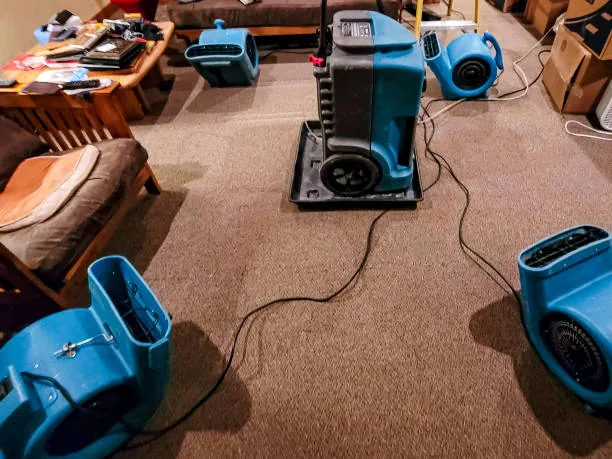 Dehumidifier and air movers drying carpet in a living room