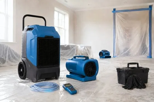 Commercial dehumidifier and air mover inside a plastic drying containment