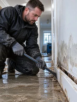 Technician scraping mud and water off a floor after flooding