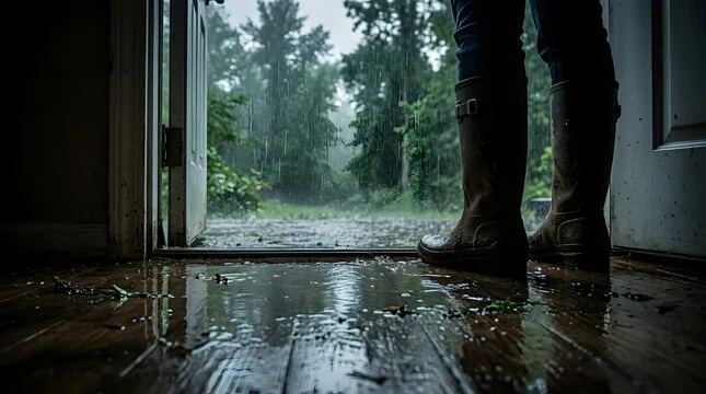 Heavy rain flooding through an open doorway onto a hardwood floor during a storm