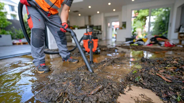 Technician extracting muddy flood water from a tile floor with a wet vacuum