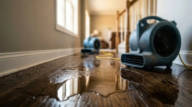 Air movers drying a soaked hardwood hallway floor after a water leak